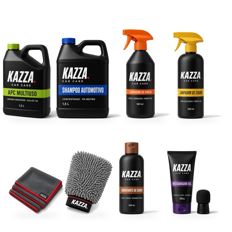 Kit Básico Kazza: Shampoo, Limpador de Pneus, Hidratante e Limpador de Couro, APC, Restaurador de Plásticos, Luva e Toalha de Microfibra